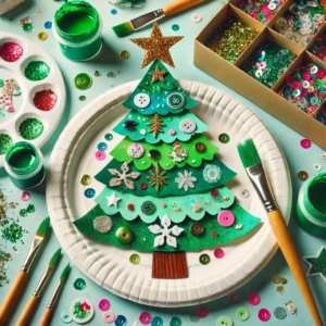 A DIY Christmas craft for kids featuring a paper plate Christmas tree, green paint, sequins, stickers, and a sprinkle of glitter.