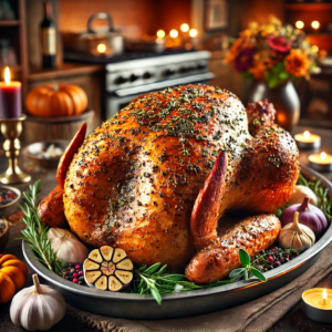 A classic roast turkey with herb butter, featuring garlic, rosemary, thyme, sage, salt, and pepper. The turkey looks perfectly golden-brown and crisp, surrounded by fresh herbs and roasted garlic, creating a warm and inviting Thanksgiving setting!