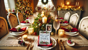 1 An image of a beautifully set Christmas dining table with personalized place cards, featuring the phrase "Welcome to my table" and small photos of each guest attached to their place setting.