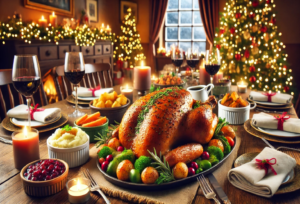 1 An image of a classic roast turkey with herb butter, beautifully prepared and set in a festive holiday scene. This visual perfectly captures the warmth and delight of a holiday gathering.