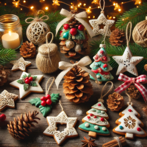 DIY Christmas crafts using pinecone ornaments and salt dough ornaments. It features beautifully decorated pinecones and colorful salt dough ornaments set against a cozy and festive background with evergreen branches and warm fairy lights.