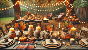 The image of a cozy Thanksgiving party setup with DIY decorations using natural elements from a backyard is ready for you! I hope it captures the warm and inviting atmosphere you had in mind