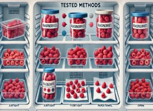 The image shows different methods, such as using an airtight container, a perforated bag, and laying raspberries on a paper towel in an open container, all clearly labeled.