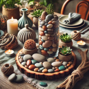 A DIY table decor setup featuring pebbles and stones for a natural accent. The arrangement showcases a harmonious blend of natural materials, perfect for creating a cozy and earthy atmosphere.