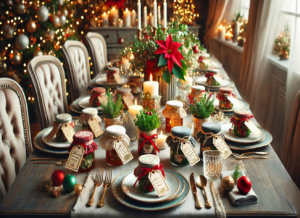 An image of a beautifully decorated Christmas dining table with a personal touch, featuring personalized table favors like homemade jam or sauce jars with custom labels and miniature potted plants. This setting adds a rustic and heartfelt element to your festive table, creating a cozy and inviting atmosphere perfect for a memorable holiday gathering.