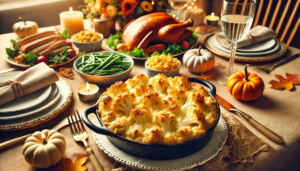 An image of a beautifully set Thanksgiving dinner table featuring low-carb dishes