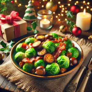 of a festive Christmas dish featuring Brussels sprouts with crispy bacon and roasted chestnuts. This beautifully presented recipe is sure to delight your holiday gatherings!