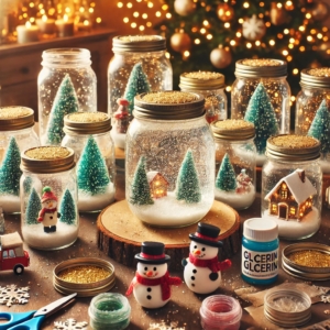 DIY Christmas craft for kids featuring Mason jar snow globes. The scene showcases jars filled with water, glycerin, and glitter, along with small holiday decorations inside, creating a magical snow globe effect.