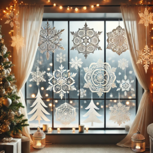 DIY Christmas crafts featuring frosted window art and hanging snowflakes. The window is beautifully decorated with frosted designs, and delicate paper snowflakes dangle at various heights, creating a festive and magical holiday atmosphere