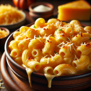 The image of macaroni and cheese made with three cheeses: cheddar, Gruyère, and Parmesan. The creamy, rich cheese sauce coats the elbow macaroni perfectly, with a golden-brown, bubbly top layer that looks both comforting and delicious.