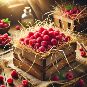 . A tested method of raspberry storage using straw. It features a wooden box filled with fresh raspberries, gently nestled among layers of straw, set in a rustic and cozy kitchen environment.