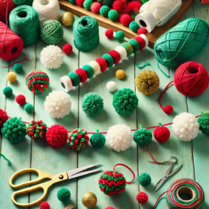 A DIY Christmas craft for kids featuring pom-pom Christmas garlands made from colorful yarn. The scene showcases a crafting table filled with yarn spools, pom-pom maker tools, and partially completed garlands, creating a festive and creative atmosphere perfect for a holiday activity.