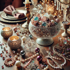 A DIY table decor setup featuring beads and crystals for a glamorous touch. The arrangement captures a luxurious ambiance, perfect for adding elegance and sophistication to any table setting.