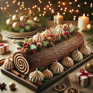 a beautifully arranged Christmas food recipe featuring a Bûche de Noël (Yule Log). The festive setting and intricate details of the Yule Log cake should capture the essence of a delightful holiday gathering!