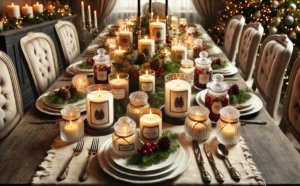 An image of a stunning Christmas dining table setting featuring a creative use of candles, including scented candle jars with customized labels and floating candles in water. This arrangement adds a warm, aromatic, and magical glow to your festive table, creating a cozy and inviting atmosphere perfect for a memorable holiday gathering.