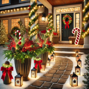 DIY Christmas crafts featuring porch pots and lighted pathway stakes. The scene captures a beautifully decorated front porch with festive porch pots and illuminated pathway stakes, creating a cozy and inviting outdoor Christmas ambiance.