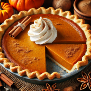 The image of a classic pumpkin pie topped with whipped cream. The pie's golden-brown crust and smooth, spiced filling made from pumpkin puree, eggs, sugar, and warm spices create a cozy and inviting presentation, perfect for a fall or Thanksgiving setting.