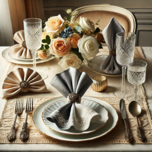 A DIY table decor setup using fabric napkins for a polished finish. The arrangement highlights the elegance of beautifully folded napkins, creating a refined and sophisticated atmosphere.