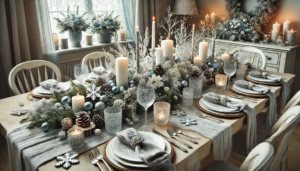 An image of a beautifully set Christmas dining table with a Nordic Winter Wonderland theme. This setting features a serene color palette of whites, blues, and silvers, natural elements like pine branches and pinecones, snowflake motifs, and elegant dinnerware, creating a cozy and magical winter atmosphere perfect for a festive holiday gathering.