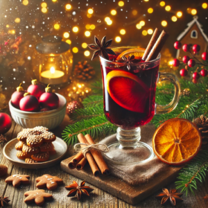 A depicting a cozy and inviting Christmas food recipe scene with a warm, spiced beverage. It perfectly captures the festive atmosphere, complete with holiday treats and decorations to inspire your holiday gatherings!