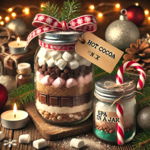 DIY Christmas crafts featuring a hot cocoa mix jar and a spa in a jar. The image beautifully captures the festive and cozy elements of these handmade gifts, set against a rustic background with Christmas ornaments and warm fairy lights.