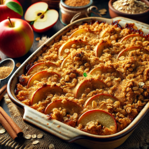 The image of apple crisp with an oat topping. The tender, baked apple slices coated in cinnamon and brown sugar, topped with a perfectly golden, crispy oat crumble, create a warm and inviting dessert, ideal for a cozy fall or autumn setting.