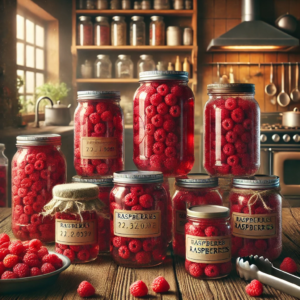 A tested method of raspberry storage using canning for long-term storage. It shows several glass jars filled with canned raspberries, neatly arranged on a wooden kitchen counter with canning tools and a cozy kitchen background.