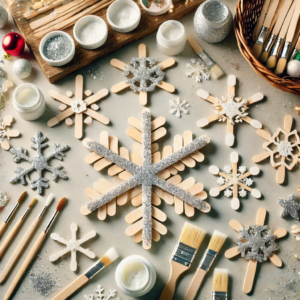 2 A DIY Christmas craft for kids featuring popsicle stick snowflakes, painted white and sprinkled with glitter. These visual captures a fun and creative holiday crafting scene perfect for children.