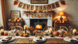 An image depicting a cozy Thanksgiving party atmosphere with DIY decorations. It captures the warm and inviting feel of a homemade "Give Thanks" banner and personalized place cards, set against a beautifully decorated fireplace and dining area.