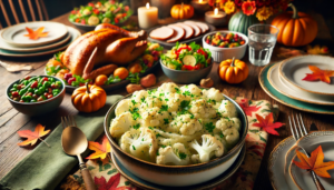 An image of a beautifully set Thanksgiving dinner table featuring low-carb dishes