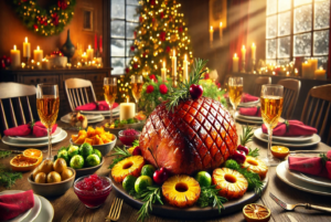 2 An image of a honey-glazed ham with pineapple, beautifully prepared and set in a festive holiday setting. This visual captures the essence of a delightful Christmas gathering, filled with warmth and delicious flavors.