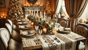 An image of a stunning Christmas table setting that combines burlap and lace table runners with embroidered family heirloom runners. This setting adds a rustic and vintage charm to your festive dining experience, creating a warm and nostalgic atmosphere.