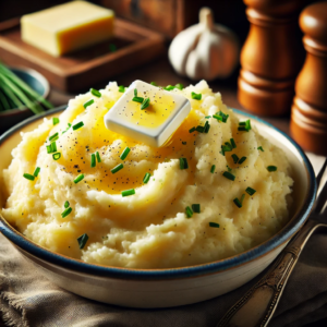 An image of creamy mashed potatoes with garlic and chives. The fluffy, smooth mashed potatoes, garnished with fresh chopped chives and a pat of melting butter, create a delicious and comforting presentation, perfect for a cozy home-cooked meal setting!