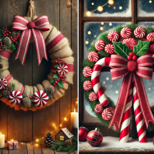 DIY Christmas crafts featuring a burlap wreath and a candy cane wreath. The burlap wreath is beautifully decorated with red and green ribbons, pinecones, and holly berries, while the candy cane wreath adds a vibrant touch with its red and white stripes and a big red bow.