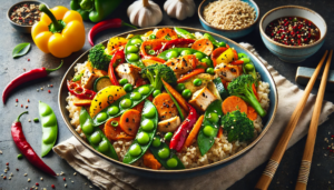 An appetizing image of a chicken and veggie stir-fry with brown rice. 