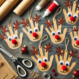 A DIY Christmas craft for kids featuring handprint reindeer ornaments made from brown construction paper, with googly eyes and a red pom-pom for the nose. This delightful scene captures a festive and creative crafting activity perfect for the holiday season.