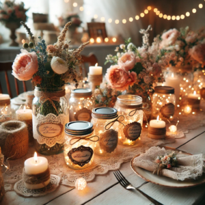 A DIY table decor scene with a vintage vibe using mason jars. The table is beautifully decorated with mason jars filled with candles, fairy lights, and flowers, adorned with lace, twine, and vintage-style elements, creating a nostalgic and cozy atmosphere.