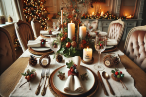 An image of a beautifully set Christmas dining table featuring custom napkin rings, DIY beaded napkin rings, and natural elements napkin rings.