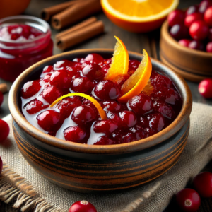 An image of homemade cranberry sauce with orange zest. The vibrant and glossy cranberry sauce, garnished with thin strips of orange zest, looks rich and delicious, perfect for a festive table setting.