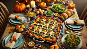 An image showcasing a cozy Thanksgiving dinner table featuring a delicious mushroom and spinach lasagna