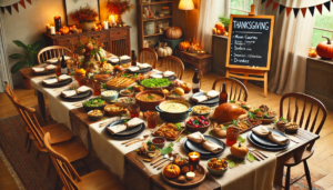 image showcasing a cozy Thanksgiving party atmosphere with a potluck-style dinner setup. The scene beautifully illustrates a variety of dishes on a rustic dining table, complemented by warm autumn decorations and a handmade sign-up sheet or chalkboard. This captures the essence of a festive and communal celebration