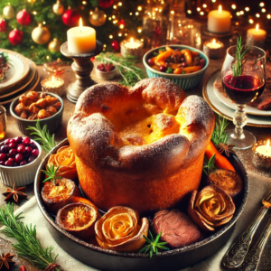 An image of a delightful Christmas table setting with a golden, fluffy Yorkshire pudding as the centerpiece, surrounded by delicious roast meats and festive garnishes.