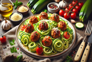 An image of turkey meatballs with zucchini noodles. 