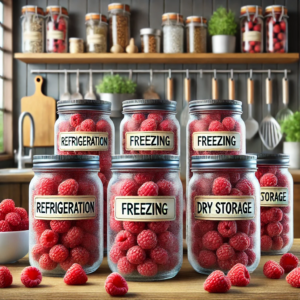 The image shows different jars filled with raspberries, labeled with storage methods such as 'refrigeration', 'freezing', and 'dry storage', set in a modern kitchen environment