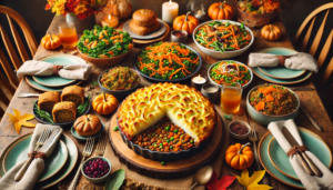 An image showcasing a cozy Thanksgiving dinner table featuring a delicious mushroom and spinach lasagna