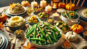 An image of a beautifully arranged Thanksgiving dinner table featuring low-carb dishes