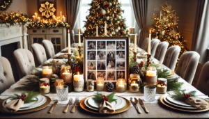 An image of a beautifully decorated Christmas table featuring a unique centerpiece that showcases a collage of family photos over the years, complemented by DIY candle centerpieces. This design adds a deeply personal and nostalgic touch to your Christmas table setting, perfect for celebrating cherished memories with loved ones.