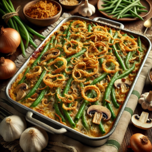 An image of a delicious green bean casserole topped with crispy fried onions. The casserole is made with fresh green beans, mushrooms, onions, garlic, and a creamy sauce, creating a perfect combination of flavors and textures for a cozy meal setting.