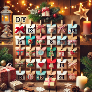 DIY Christmas crafts featuring an envelope and box advent calendar. The image displays colorful envelopes and small boxes, each beautifully decorated and arranged to create a festive and cozy holiday atmosphere.