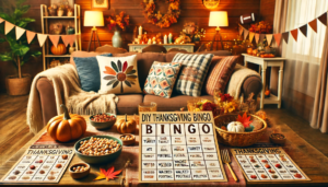 image illustrating a cozy Thanksgiving party scene with a DIY Thanksgiving Bingo game setup. The scene captures a warm and inviting living room atmosphere, complete with themed Bingo cards and cozy decor, perfect for a fun and engaging Thanksgiving celebration.